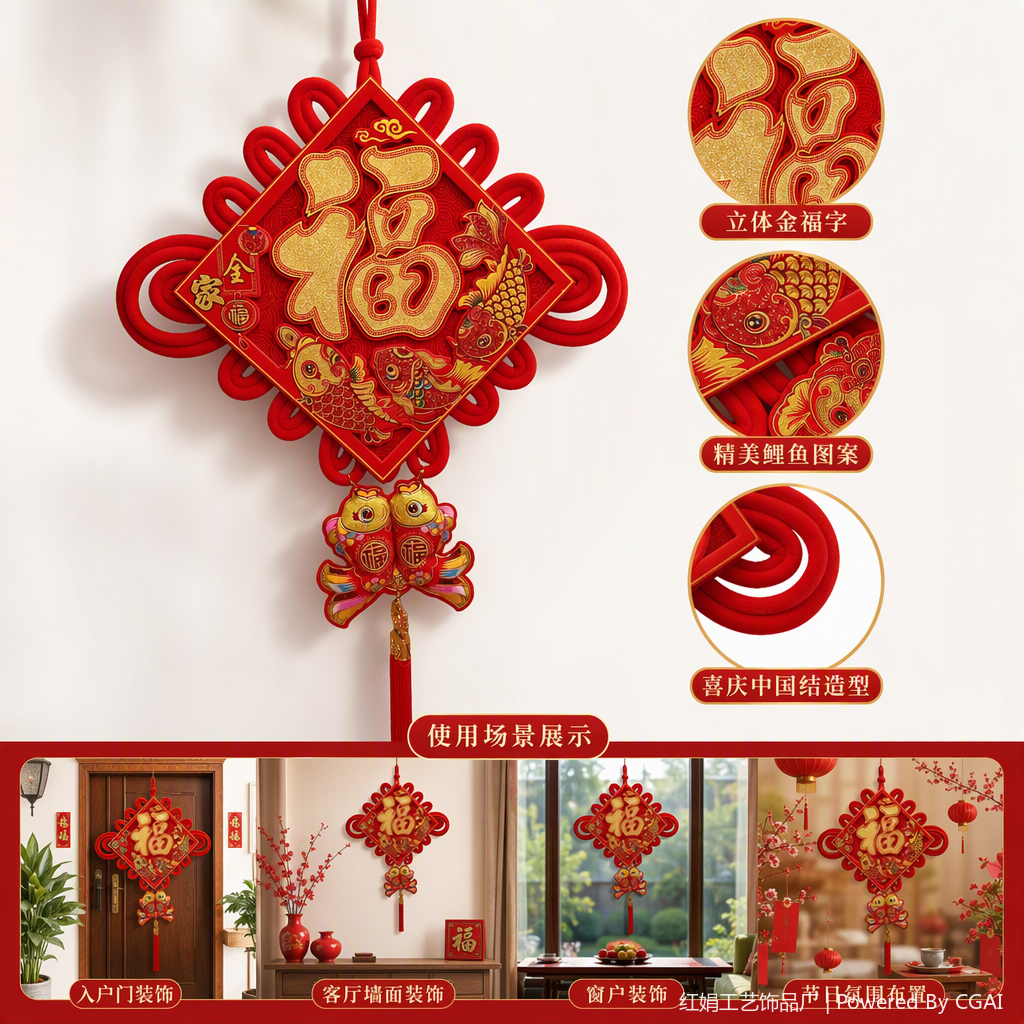 Chinese-style red handmade rope knot pendants, auspicious "Fu" character pendants, festival decorations, gift items