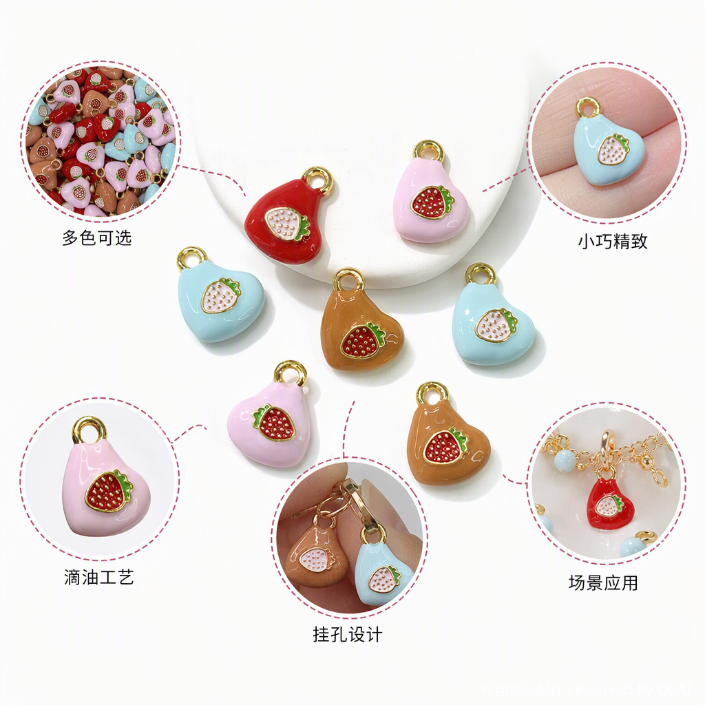 时尚心形珐琅吊坠草莓图案甜美可爱项链女生饰品礼物推荐