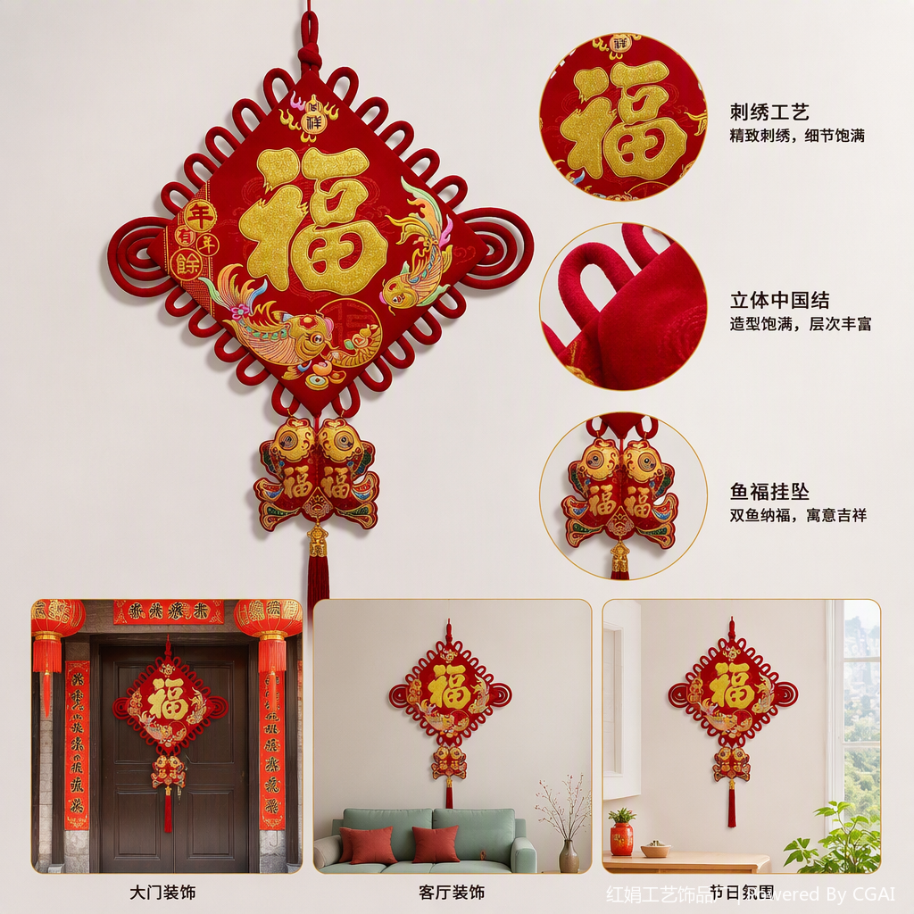 Chinese knot pendants with the character "Fu" and double fish patterns, auspicious decorations, Spring Festival and New Year gift pendants