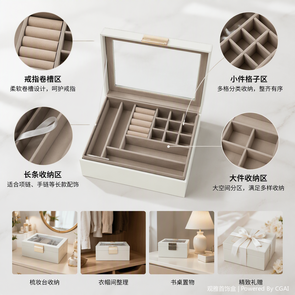 White leather jewelry storage box with transparent lid, fashionable and simple multi-layer jewelry organization box and storage box