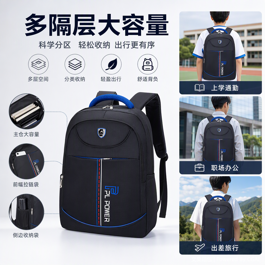 多功能休闲双肩背包男士女士通勤旅行学生包皮具大容量潮流款产品图