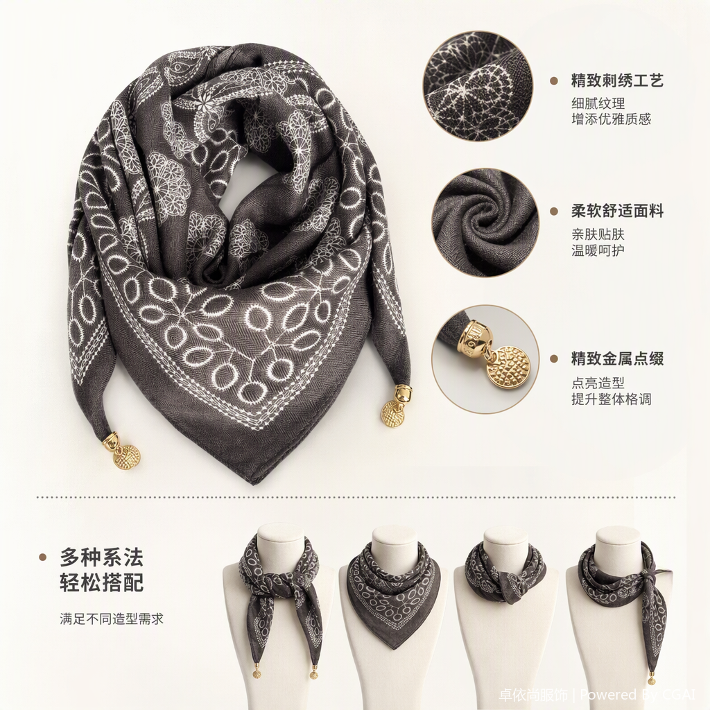 Fashionable printed silk scarf, dark grey, versatile and elegant lady's shawl, new trendy accessories for spring and summer