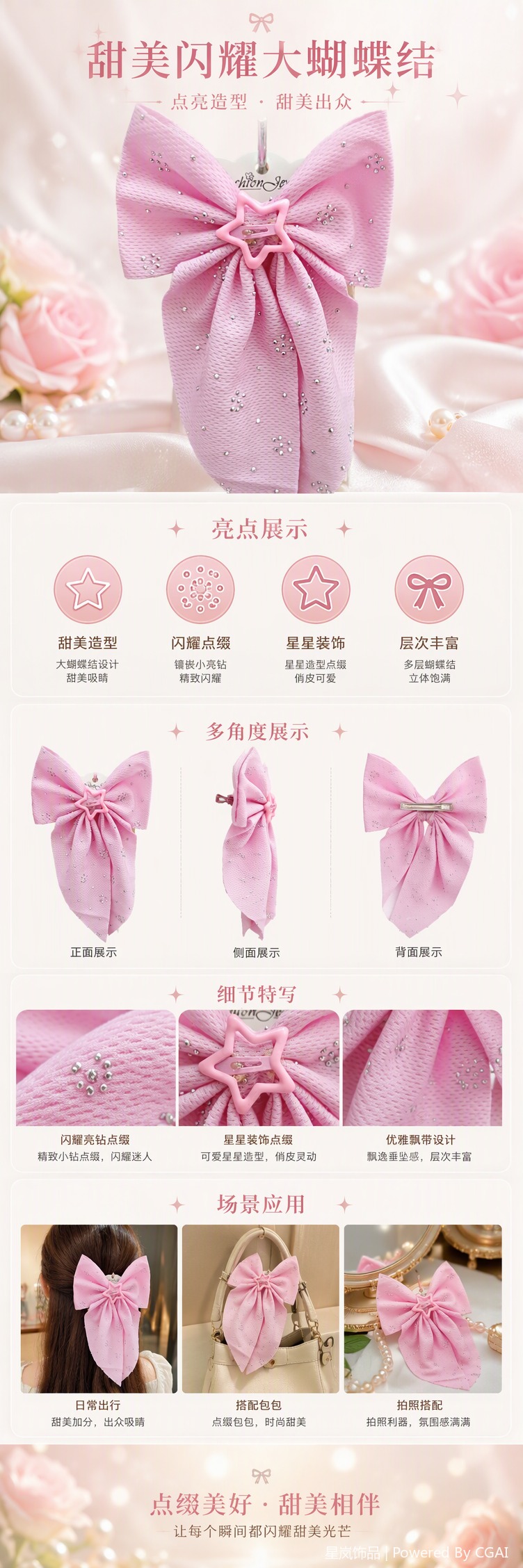 粉色镶钻蝴蝶结发夹韩版甜美发饰发卡少女发饰品发夹夹子发饰礼物详情1