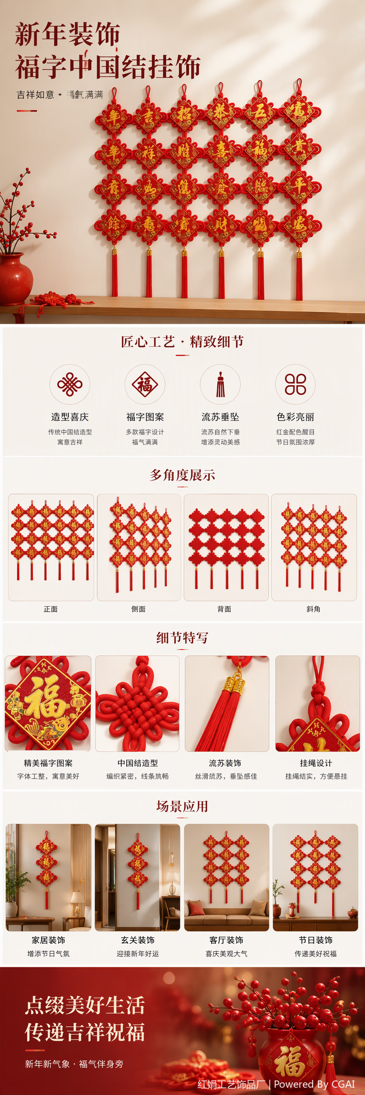 Chinese-style red hand-woven pendant, auspicious knot pendant, home decoration, festival gift, fabric pendant pic 1