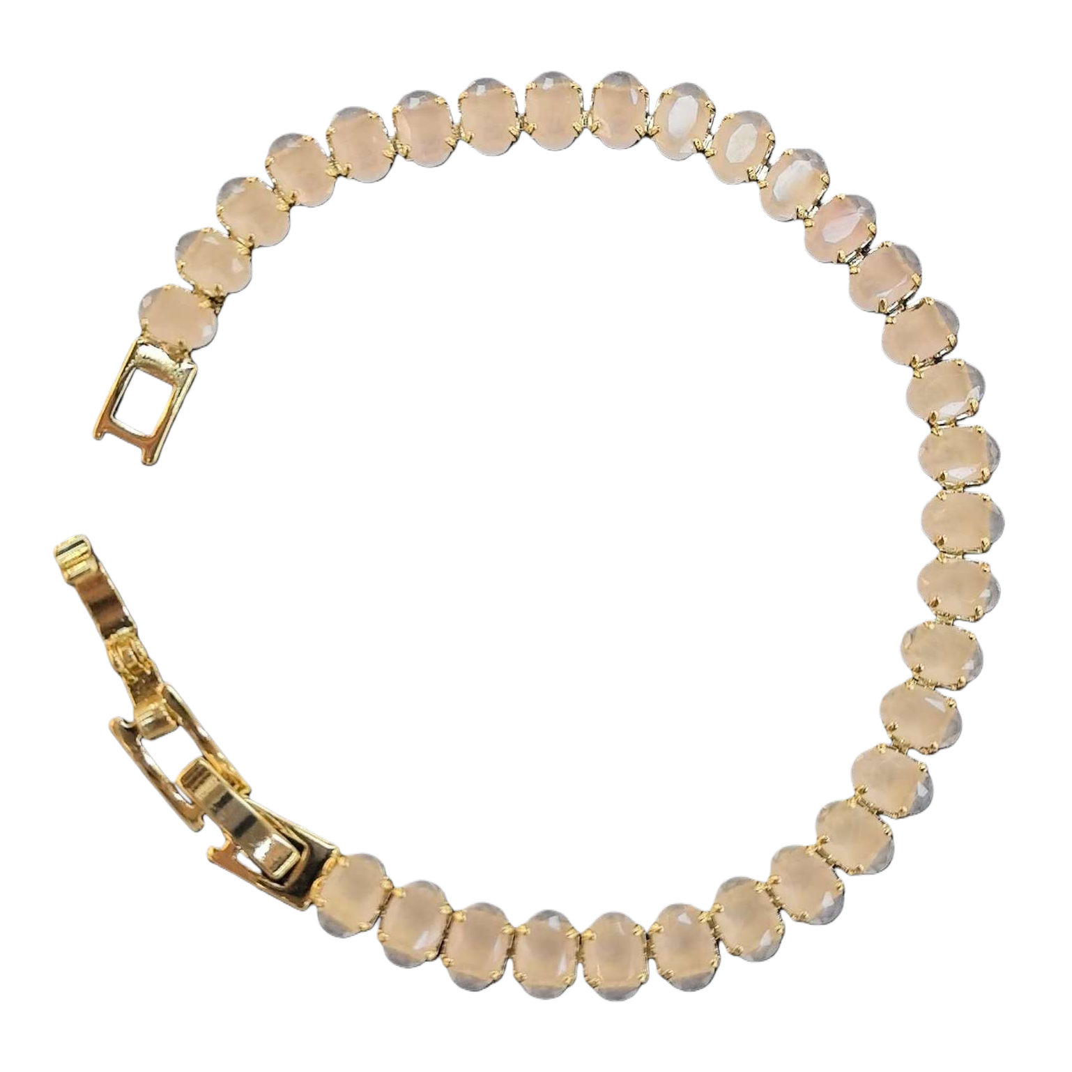 A golden oval-shaped bracelet set with light-colored gemstones, a fashionable and elegant women's jewelry accessory, is presented as a gift Item Picture