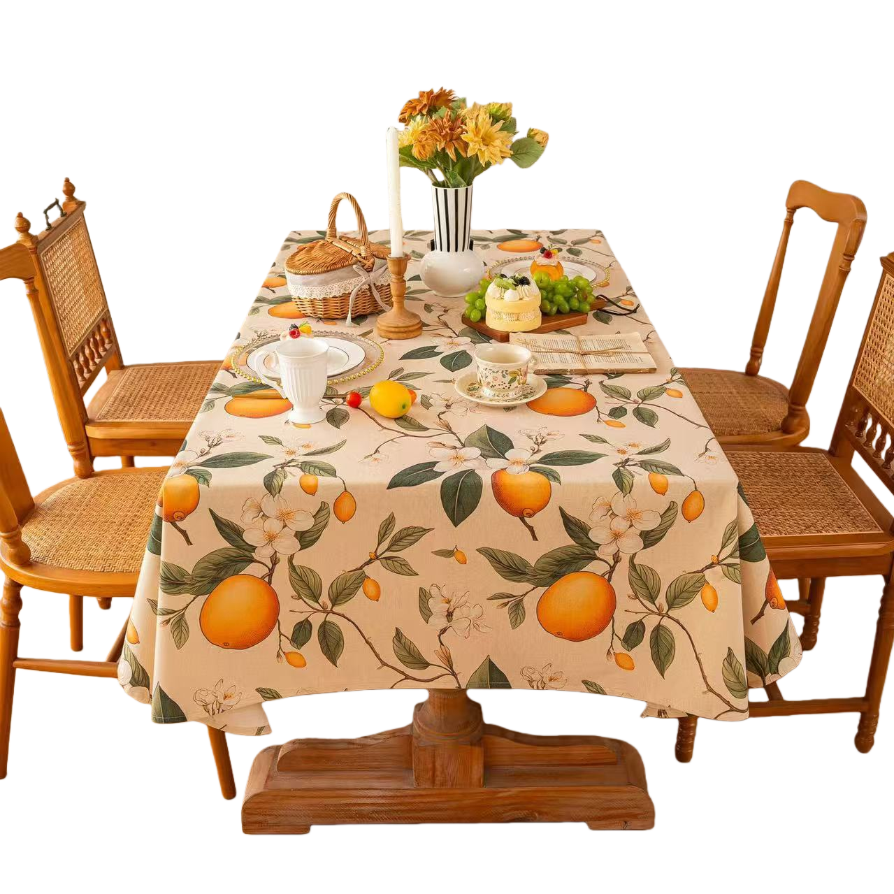 Orange fruit and floral patterned fabric tablecloth, Middle Eastern-style tablecloth, home dining room decoration, lemon Item Picture