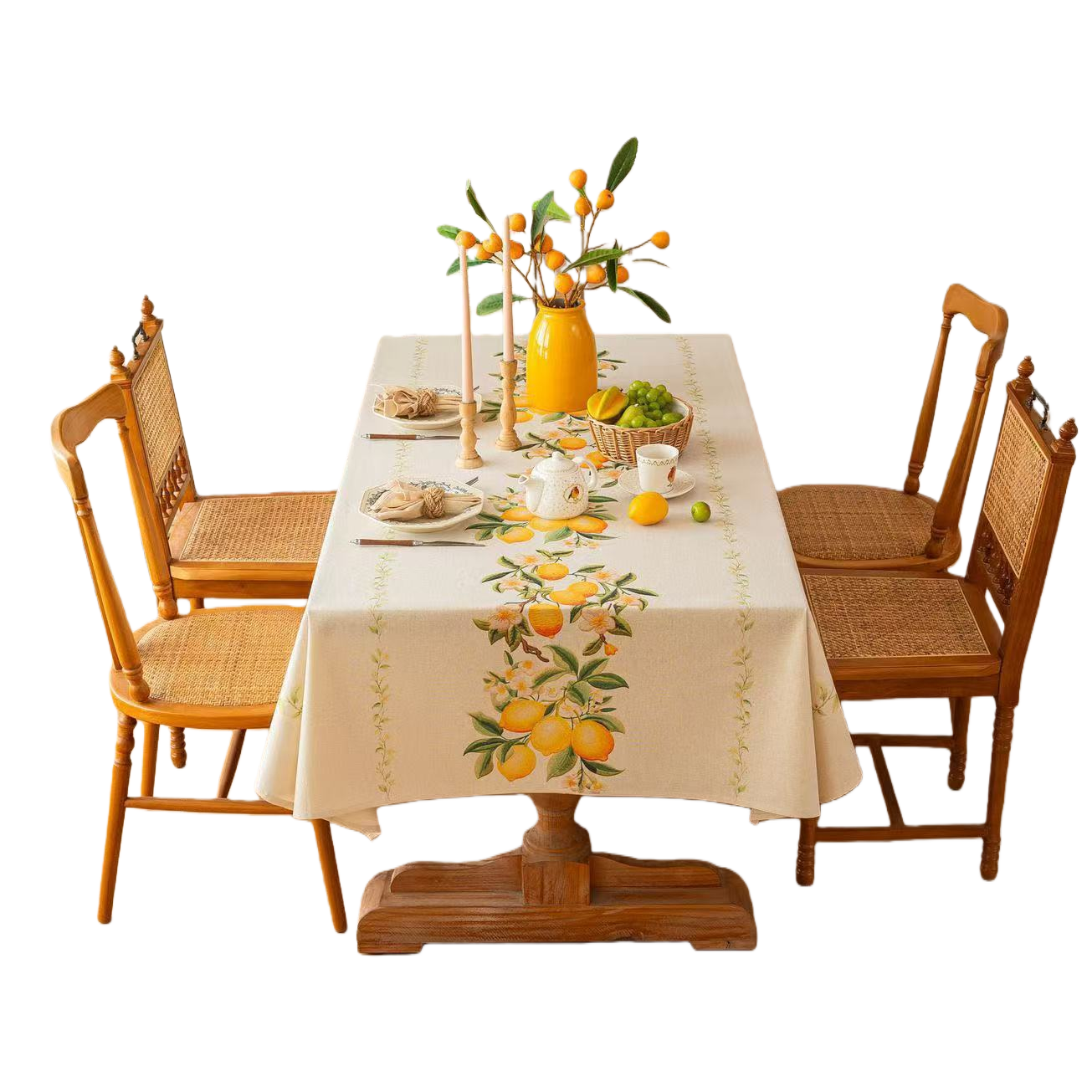 Lemon-patterned fabric tablecloth for dining table, Middle Eastern-style stain-resistant and durable home tablecloth for dining room decoration Item Picture