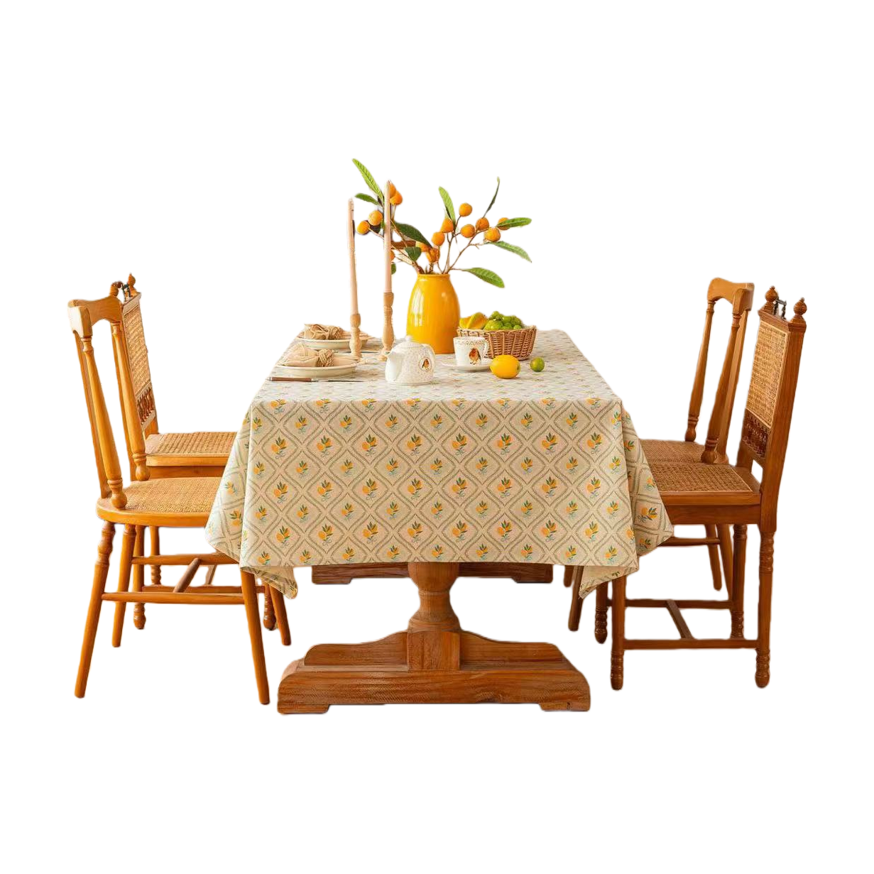 Mesa redonda de madera sólida conjunto de cuatro sillas mantel floral silla de visitante banquete mesa de madera conjunto de sillas lemon Item Picture