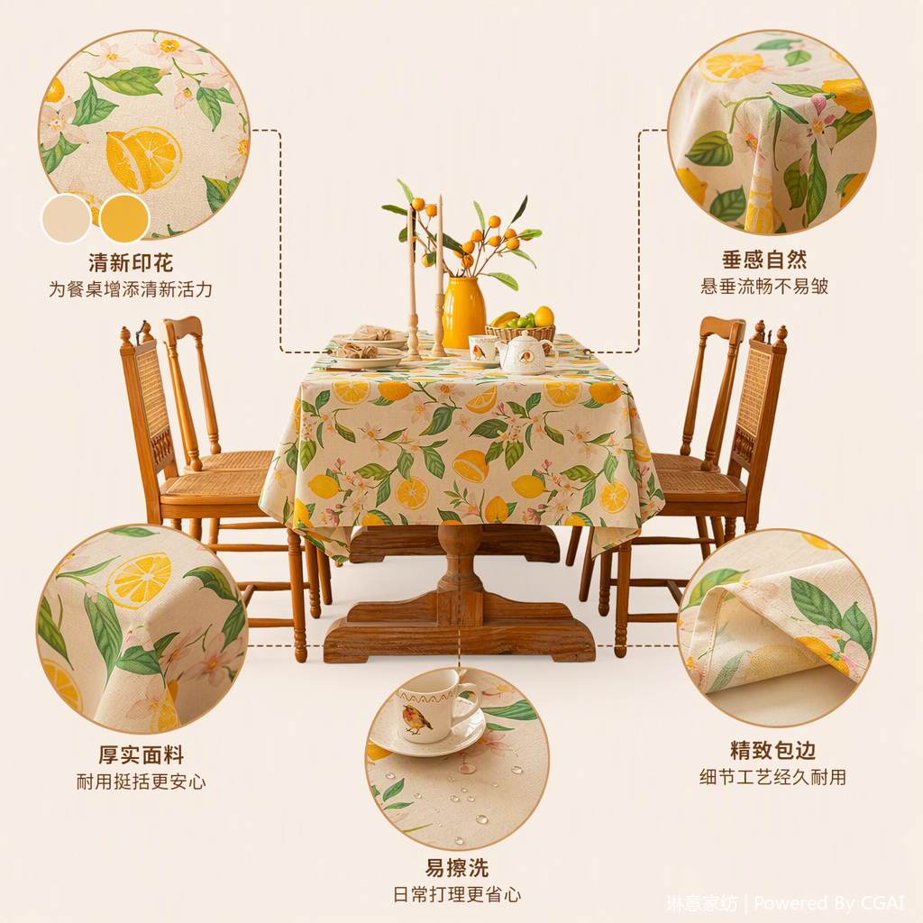 Lemon floral pattern tablecloth and dining table set, home fabric, stain-resistant and durable, multiple styles to choose from