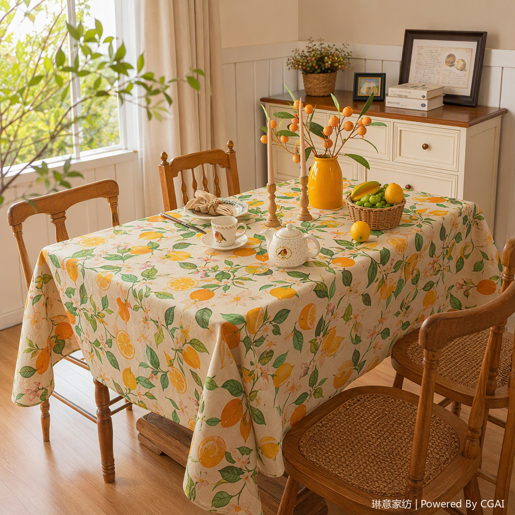 Lemon floral pattern tablecloth and dining table set, home fabric, stain-resistant and durable, multiple styles to choose from details Picture