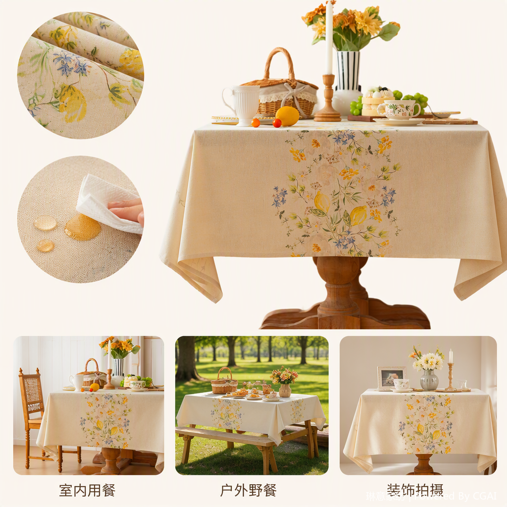 Lemon floral pattern tablecloth, Middle Eastern style fabric tablecloth, stain-resistant and durable, new home tablecloth for restaurant decoration