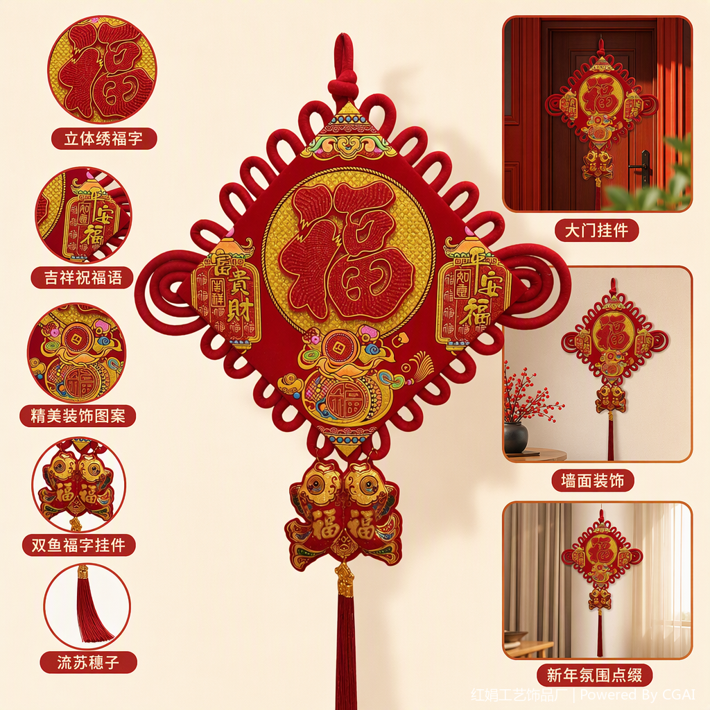 Chinese-style red handcrafted knot pendant, auspicious decorative pendant, festive and joyous fabric pendant