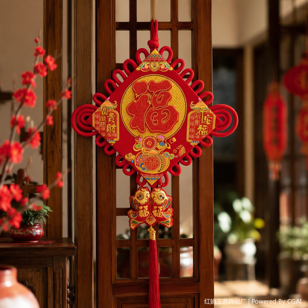 Chinese-style red handcrafted knot pendant, auspicious decorative pendant, festive and joyous fabric pendant details Picture