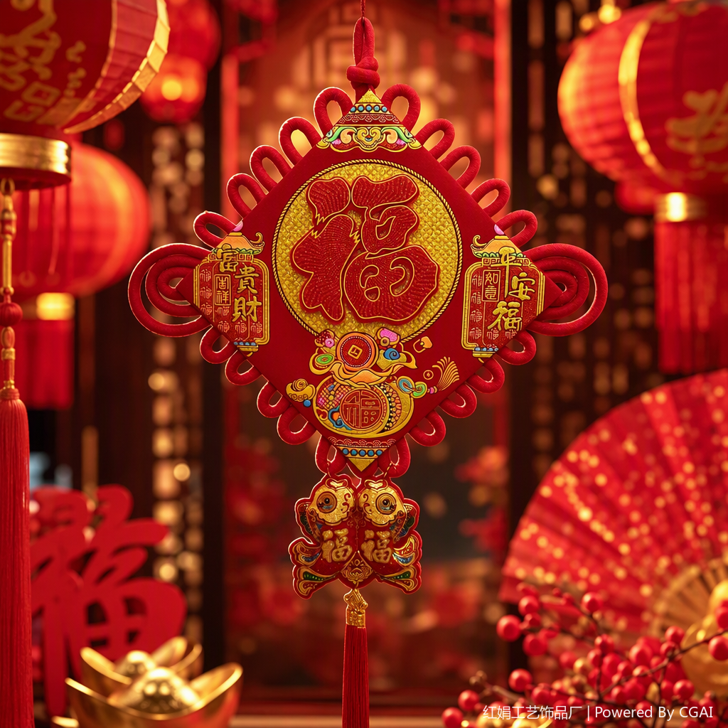 Chinese-style red handcrafted knot pendant, auspicious decorative pendant, festive and joyous fabric pendant Specification image