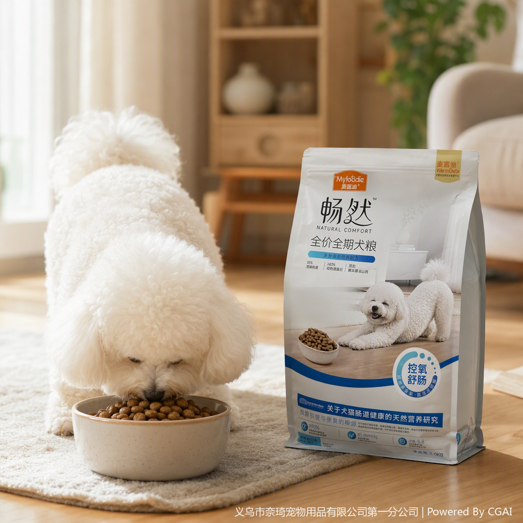 白色狗粮包装袋+比熊犬产品图
