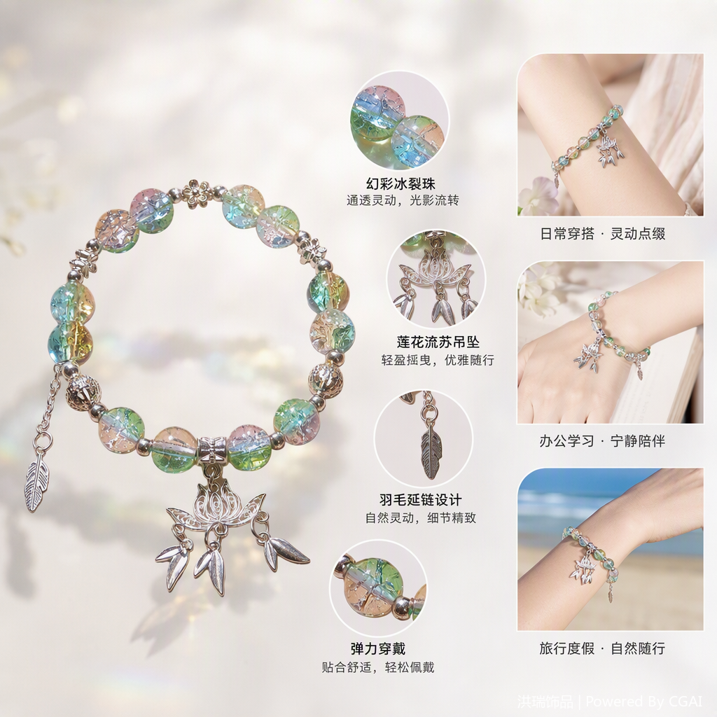 Colorful glass bead bracelet, silver jewelry lotus pendant, fashionable and versatile bracelet, women's style as a gift
