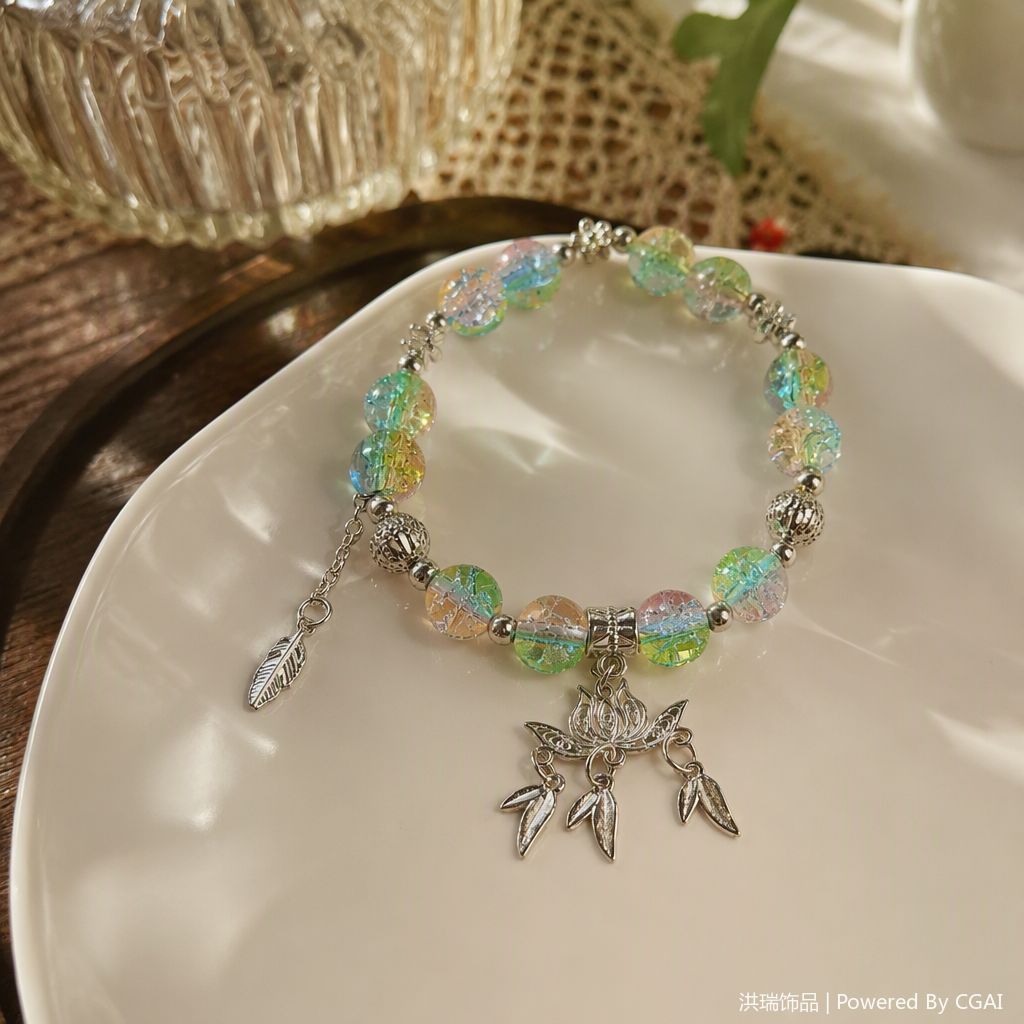 Colorful glass bead bracelet, silver jewelry lotus pendant, fashionable and versatile bracelet, women's style as a gift details Picture