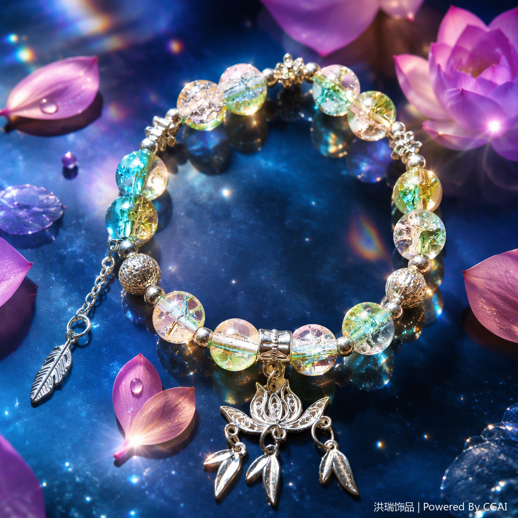 Colorful glass bead bracelet, silver jewelry lotus pendant, fashionable and versatile bracelet, women's style as a gift Specification image