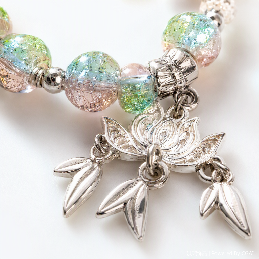 Colorful glass bead bracelet, silver jewelry lotus pendant, fashionable and versatile bracelet, women's style as a gift Application Scenario