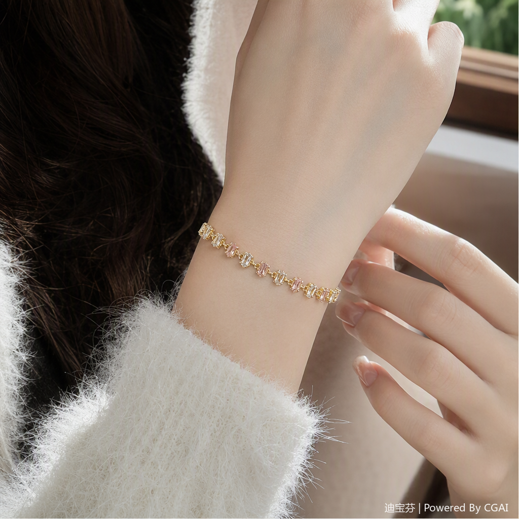A golden inlaid pink and white gradient rectangular crystal bracelet is a fashionable and versatile accessory for women as a gift details Picture