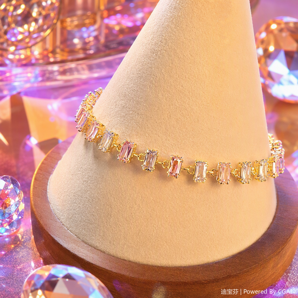A golden inlaid pink and white gradient rectangular crystal bracelet is a fashionable and versatile accessory for women as a gift Specification image