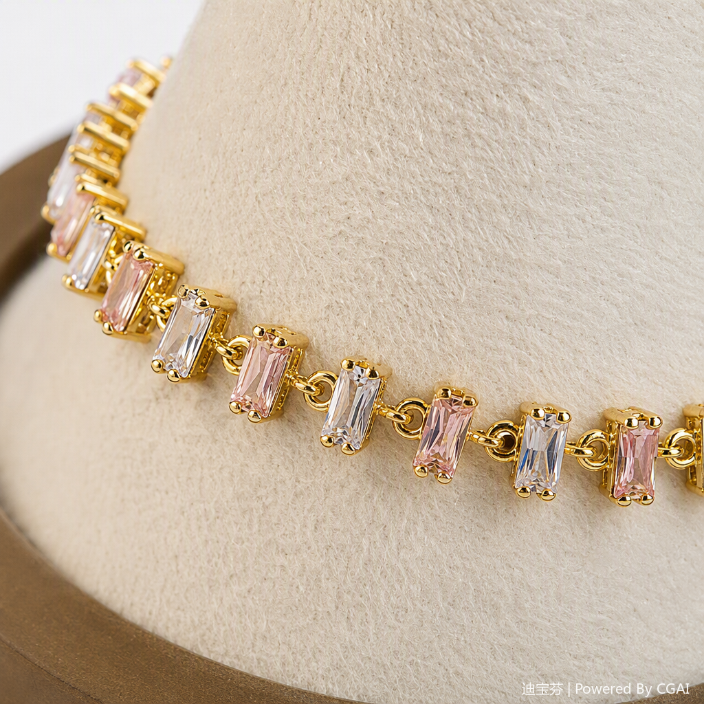 A golden inlaid pink and white gradient rectangular crystal bracelet is a fashionable and versatile accessory for women as a gift Application Scenario