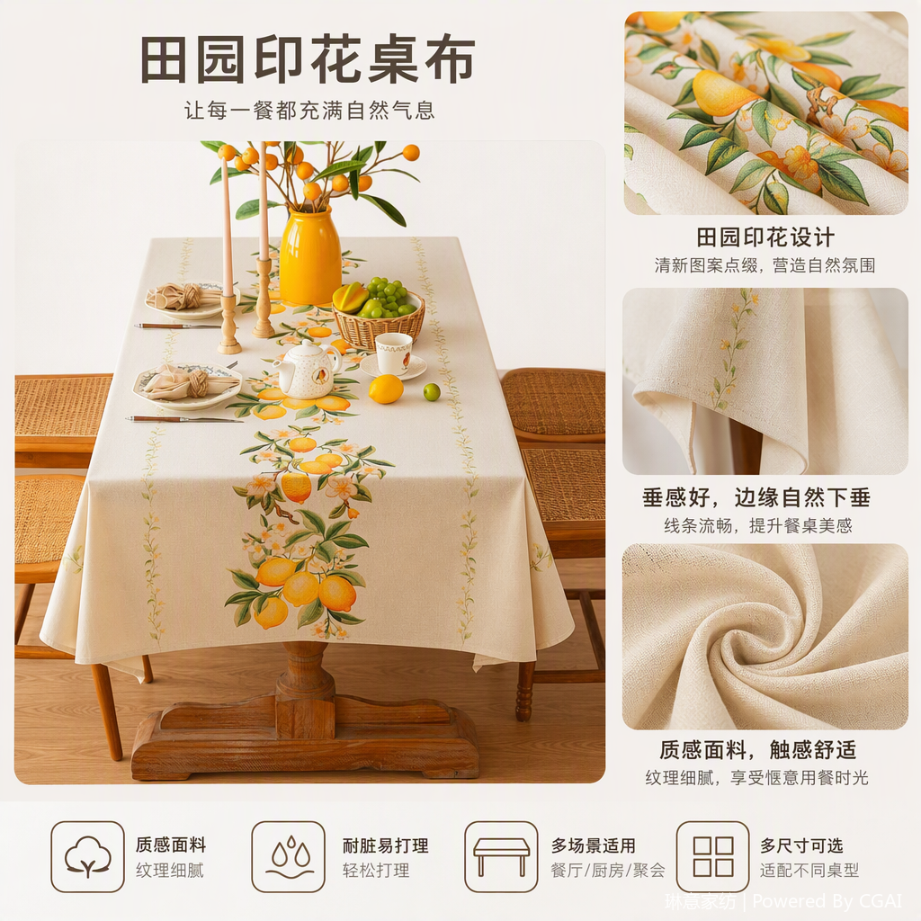 Lemon-patterned fabric tablecloth for dining table, Middle Eastern-style stain-resistant and durable home tablecloth for dining room decoration