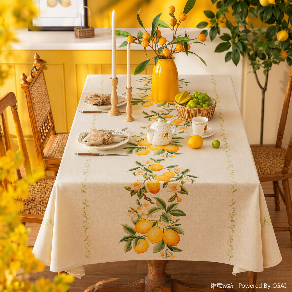 Lemon-patterned fabric tablecloth for dining table, Middle Eastern-style stain-resistant and durable home tablecloth for dining room decoration Specification image