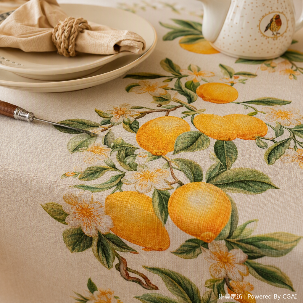 Lemon-patterned fabric tablecloth for dining table, Middle Eastern-style stain-resistant and durable home tablecloth for dining room decoration Application Scenario
