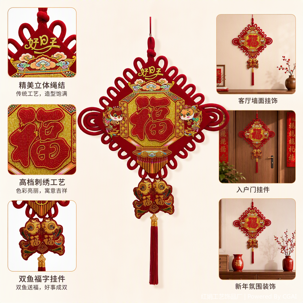Red hand-woven Chinese knot pendant, auspicious meaning, home decoration, festival gift pendant, fabric pendant