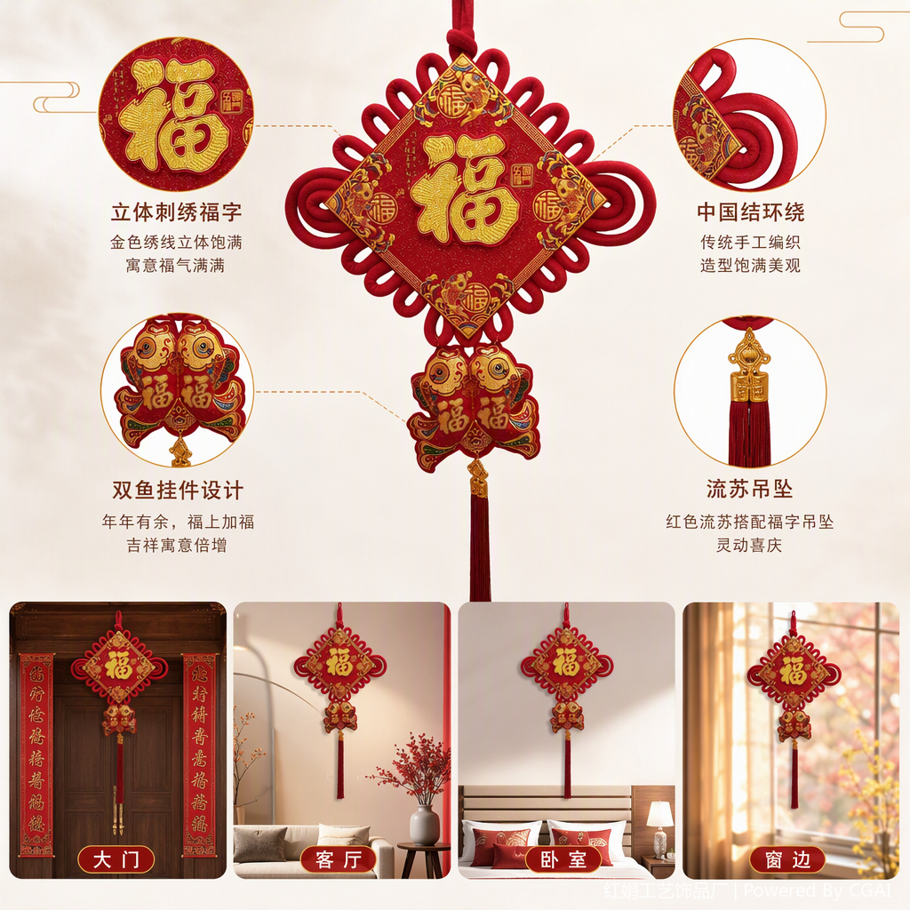 Red Chinese knot pendant, "Fu" character, double fish decoration, auspicious style home decoration, festival decoration