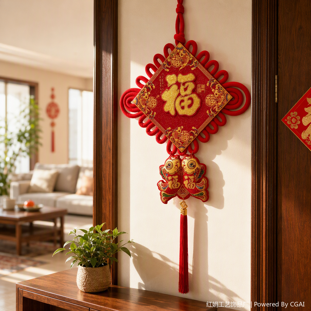 Red Chinese knot pendant, "Fu" character, double fish decoration, auspicious style home decoration, festival decoration details Picture