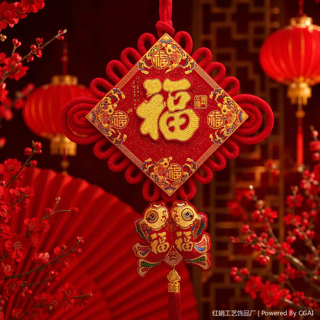 Red Chinese knot pendant, "Fu" character, double fish decoration, auspicious style home decoration, festival decoration Specification image