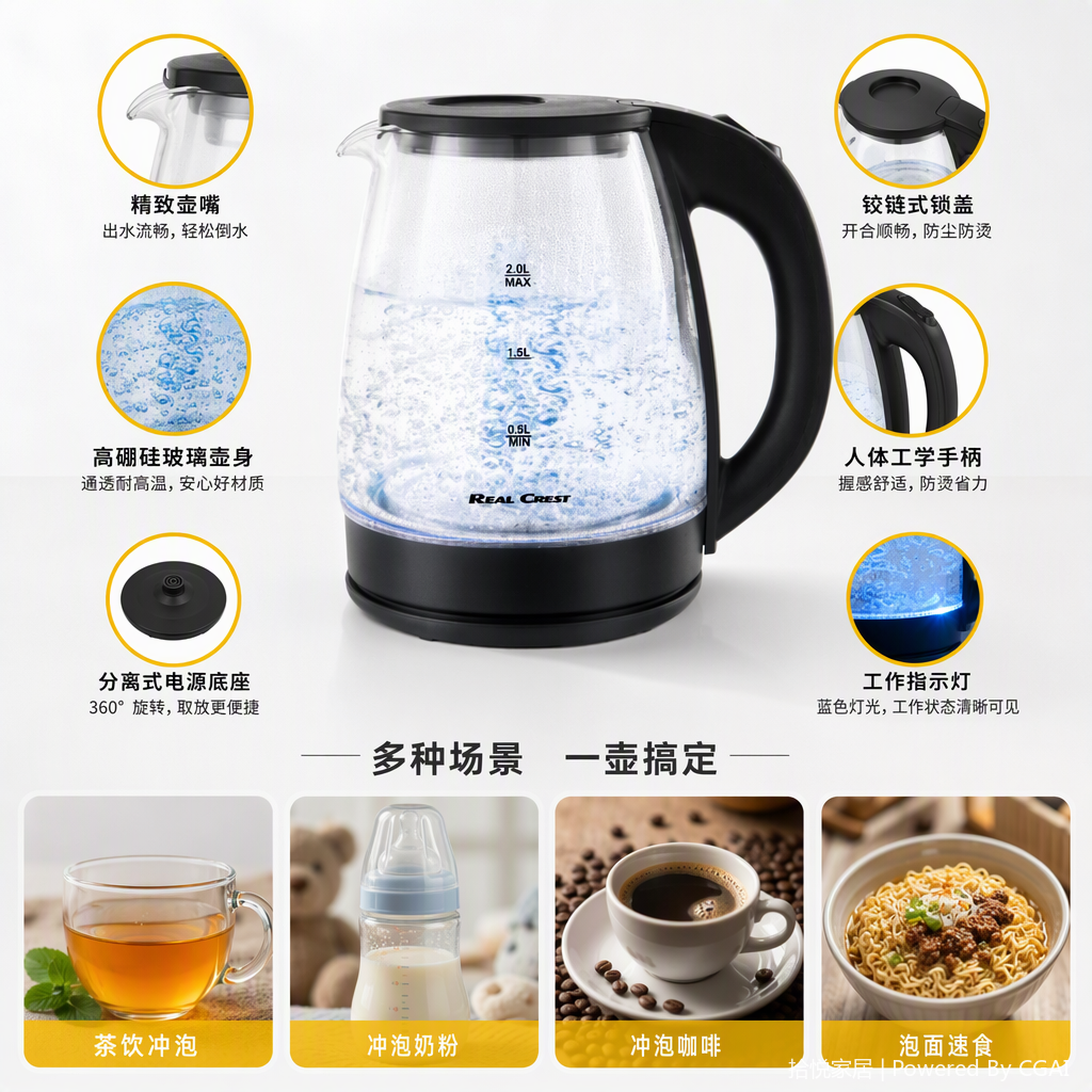 Hervidor eléctrico de vidrio de borosilicato de alta capacidad control inteligente de temperatura transparente sin costura diseño hervidor de agua para el hogar