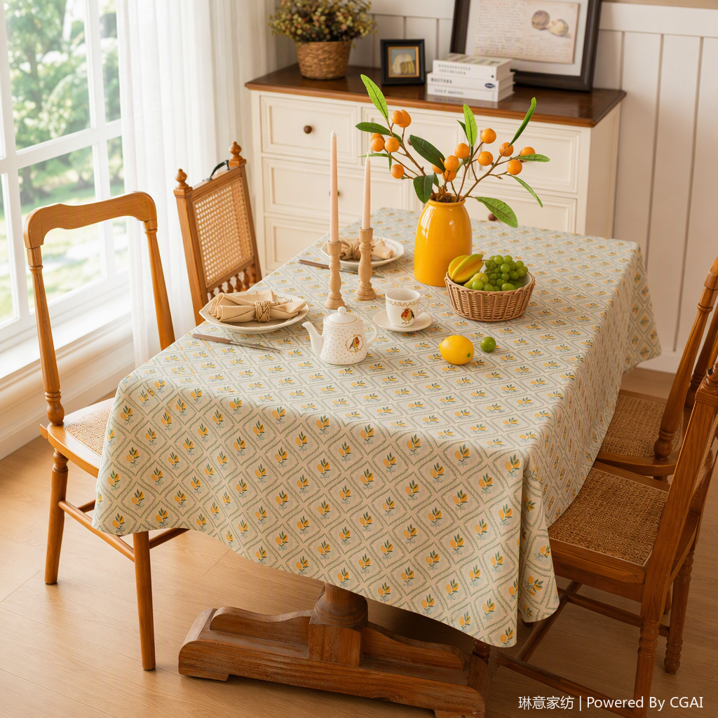 Mesa redonda de madera sólida conjunto de cuatro sillas mantel floral silla de visitante banquete mesa de madera conjunto de sillas lemon details Picture