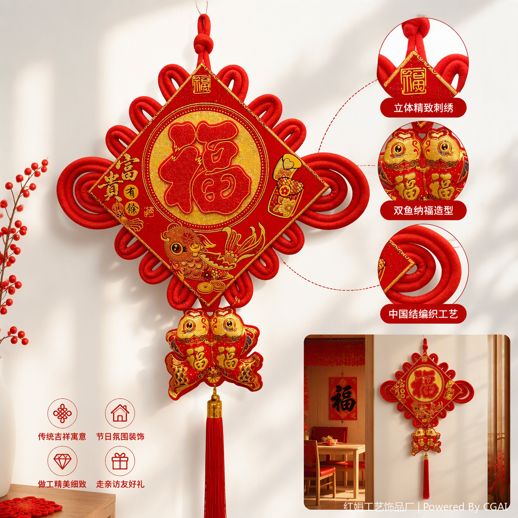 Chinese-style red handmade rope knot pendant, auspicious decoration, home hanging decoration, festival gift