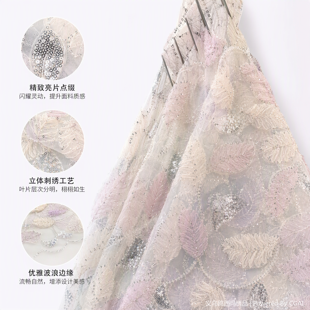 网纱珠管刺绣树叶图案婚纱面料柔软透气手感细腻高端婚礼礼服布料