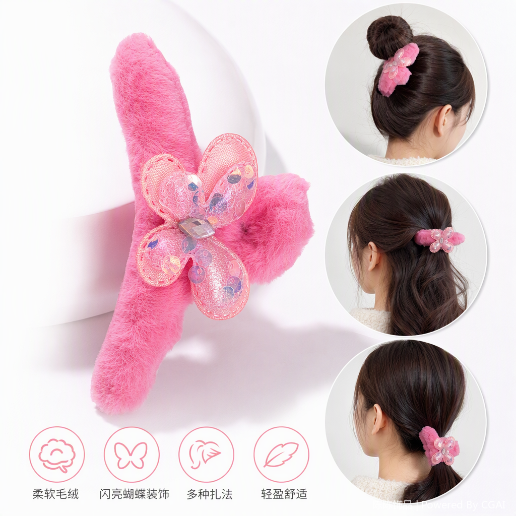 Pink plush hair accessory, butterfly decoration, cute hair clip, sweet hair accessory, student hair clip headwear, versatile matching