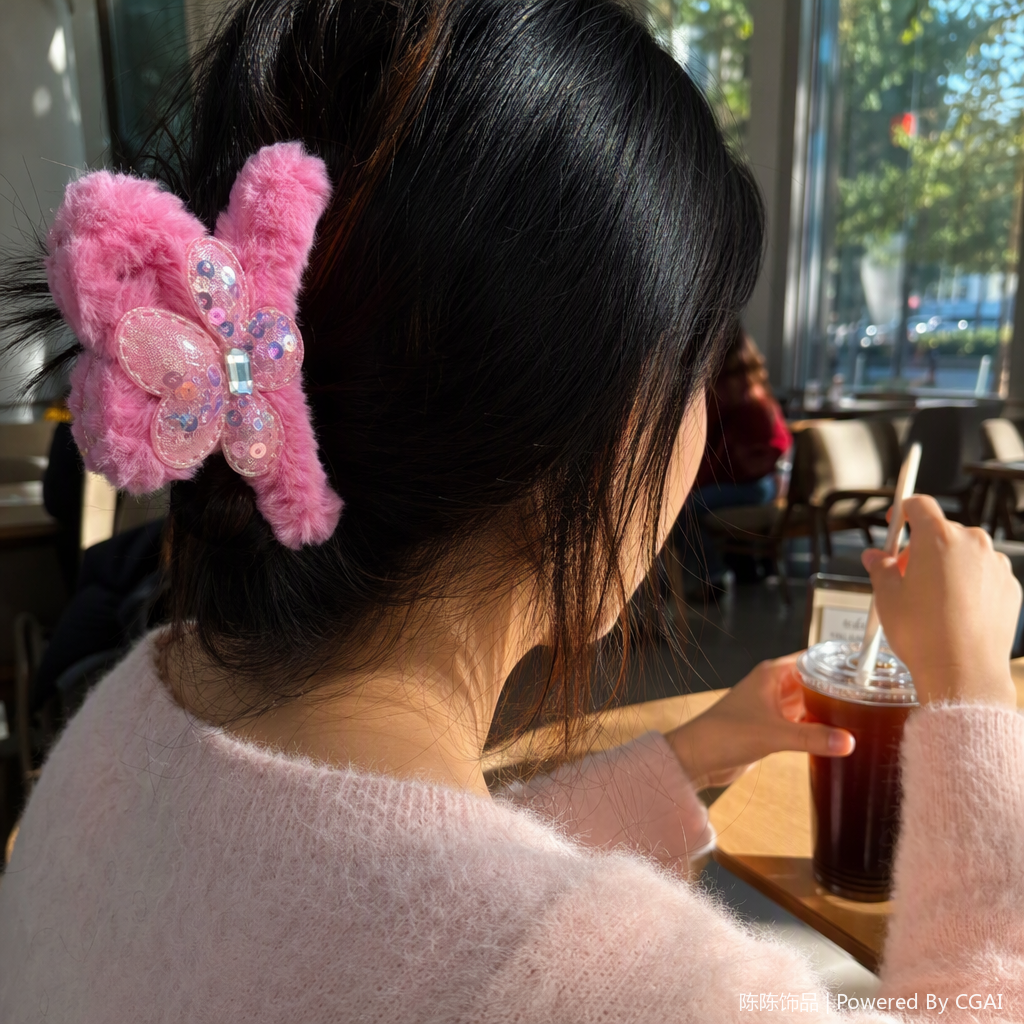 Pink plush hair accessory, butterfly decoration, cute hair clip, sweet hair accessory, student hair clip headwear, versatile matching details Picture