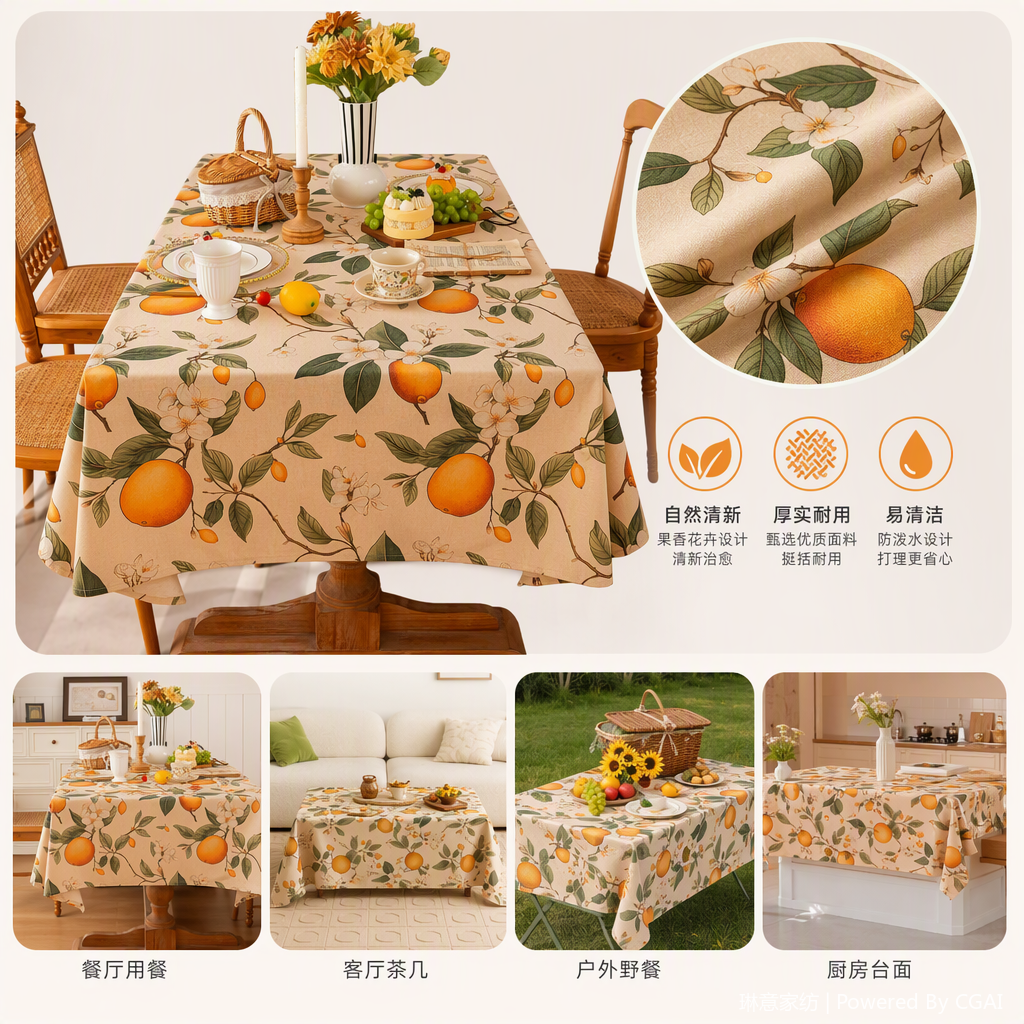 Orange fruit and floral patterned fabric tablecloth, Middle Eastern-style tablecloth, home dining room decoration, lemon