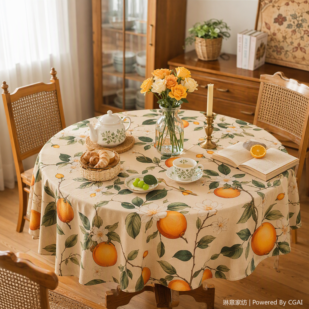 Orange fruit and floral patterned fabric tablecloth, Middle Eastern-style tablecloth, home dining room decoration, lemon details Picture
