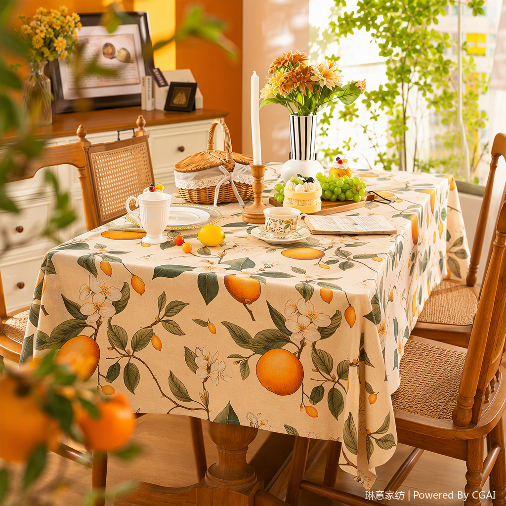 Orange fruit and floral patterned fabric tablecloth, Middle Eastern-style tablecloth, home dining room decoration, lemon Specification image