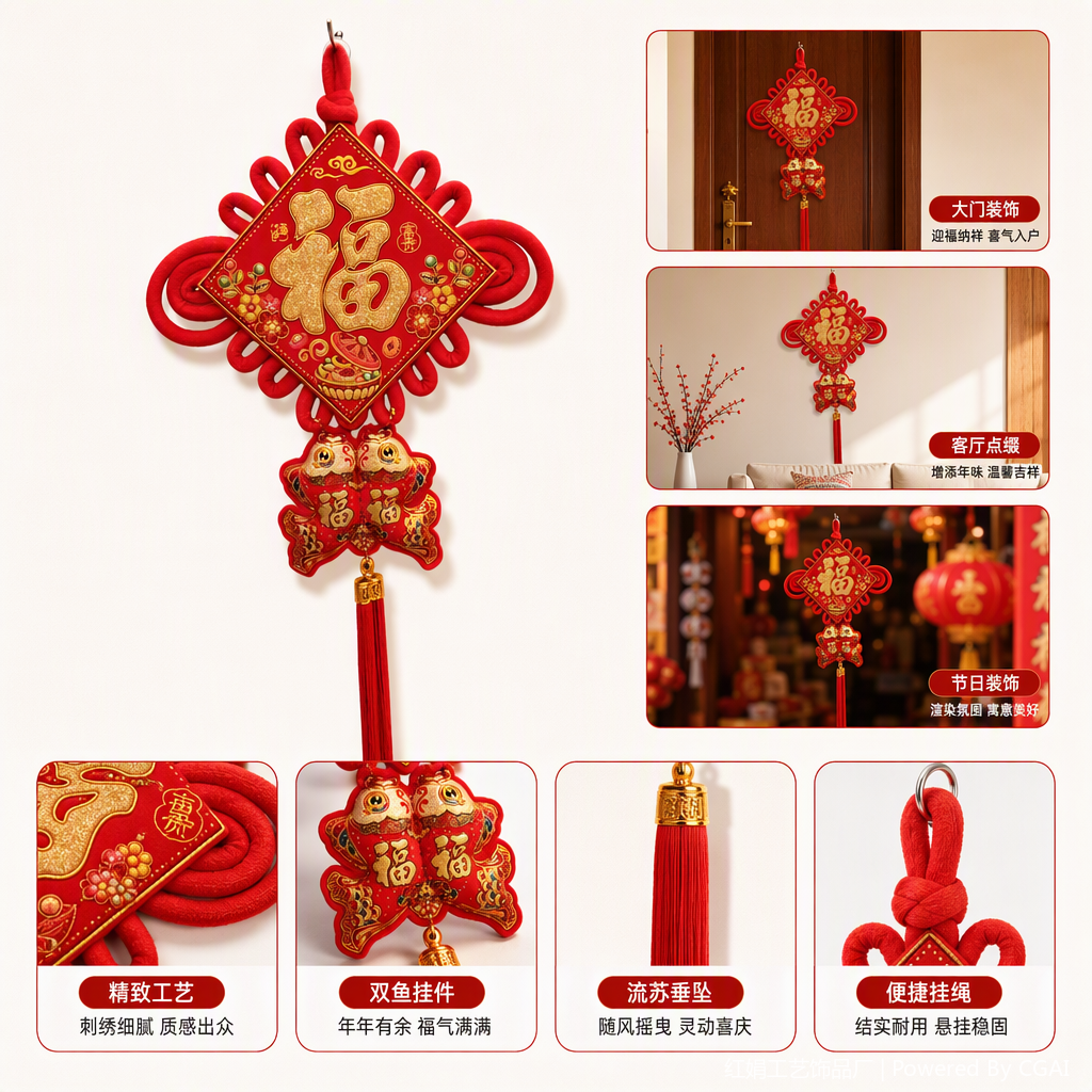 Red Chinese knot pendant, hand-woven, auspicious festival decoration, home pendant, gift fabric pendant