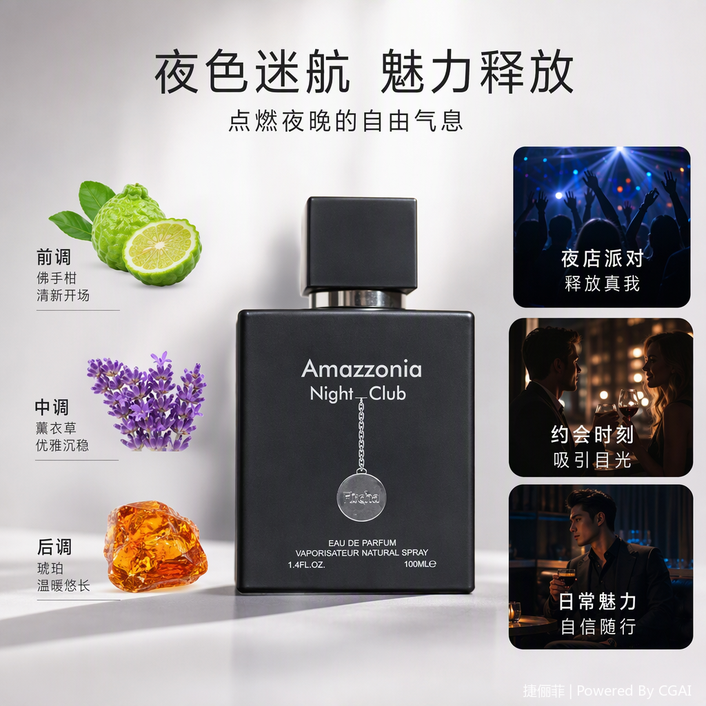 Amazzonia Night Club黑色香水瓶持久淡香男女通用香氛50毫升礼盒装