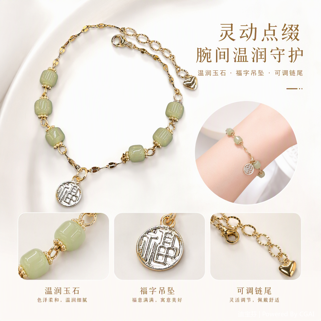 Fashionable light green jade bead golden chain bracelet, simple and versatile women's jewelry, trendy accessory
