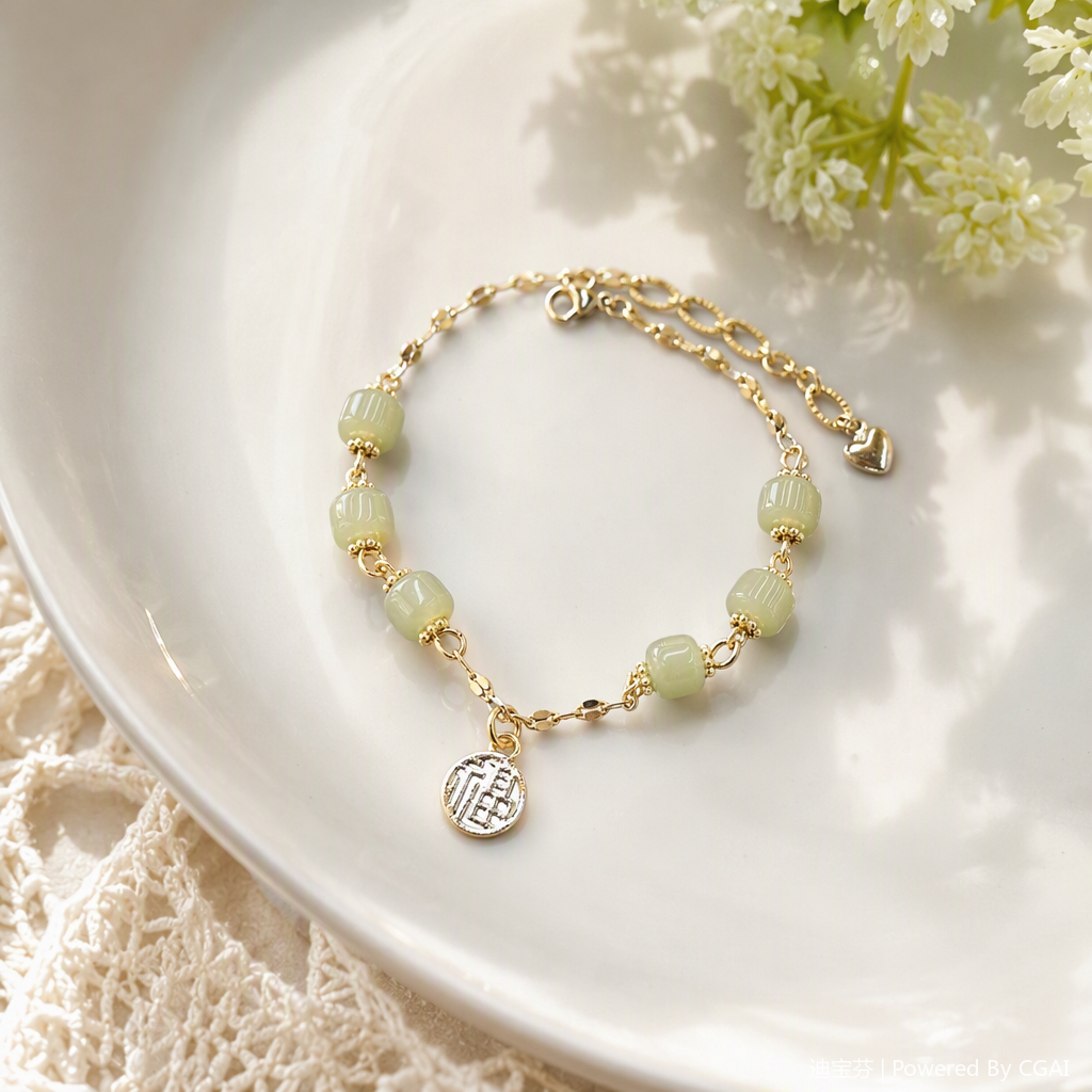 Fashionable light green jade bead golden chain bracelet, simple and versatile women's jewelry, trendy accessory details Picture