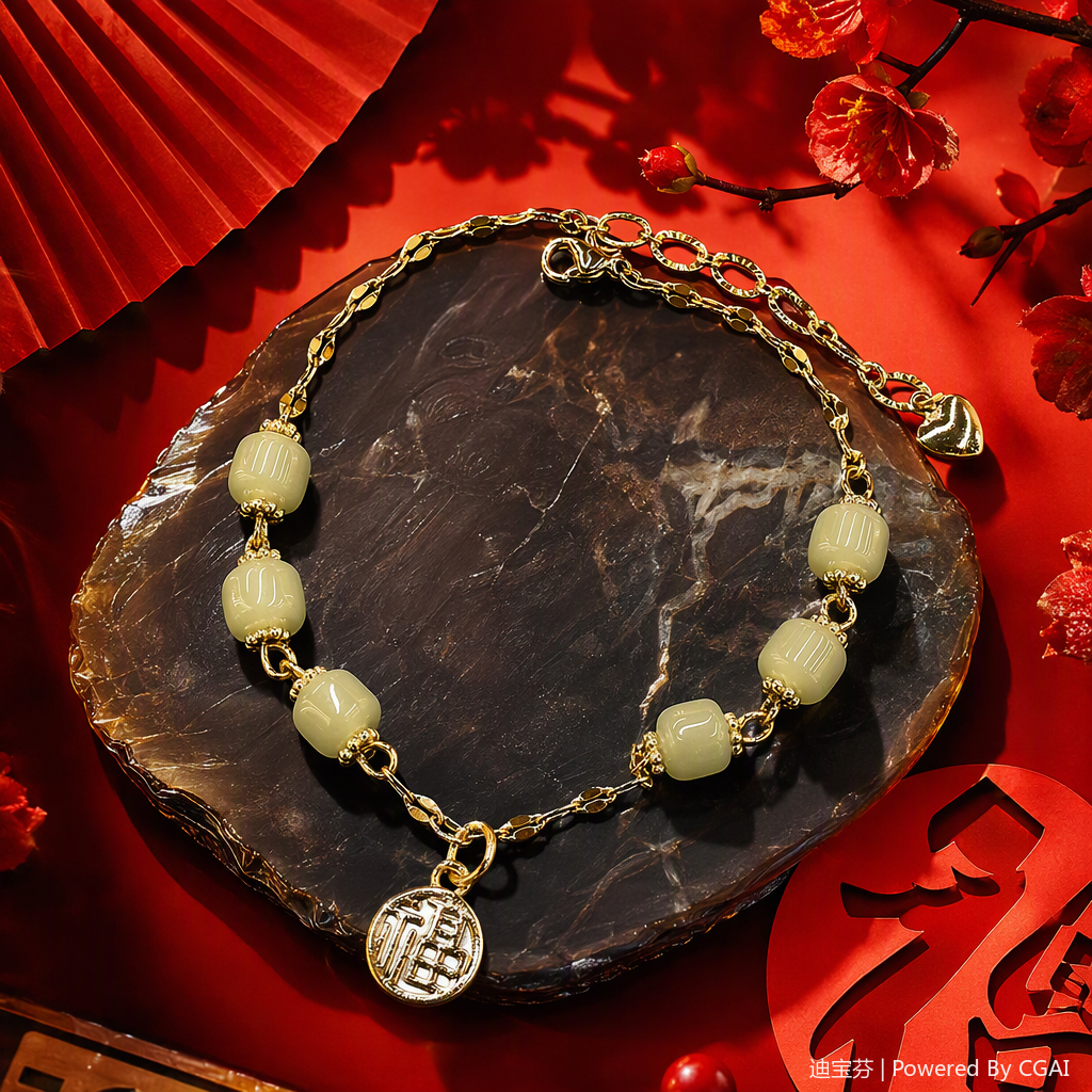 Fashionable light green jade bead golden chain bracelet, simple and versatile women's jewelry, trendy accessory Specification image