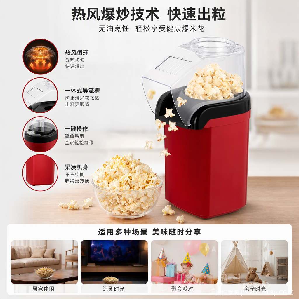 Cuerpo rojo cubierta superior transparente máquina de palomitas para cine en casa pequeña máquina de palomitas para snacks modelo portátil