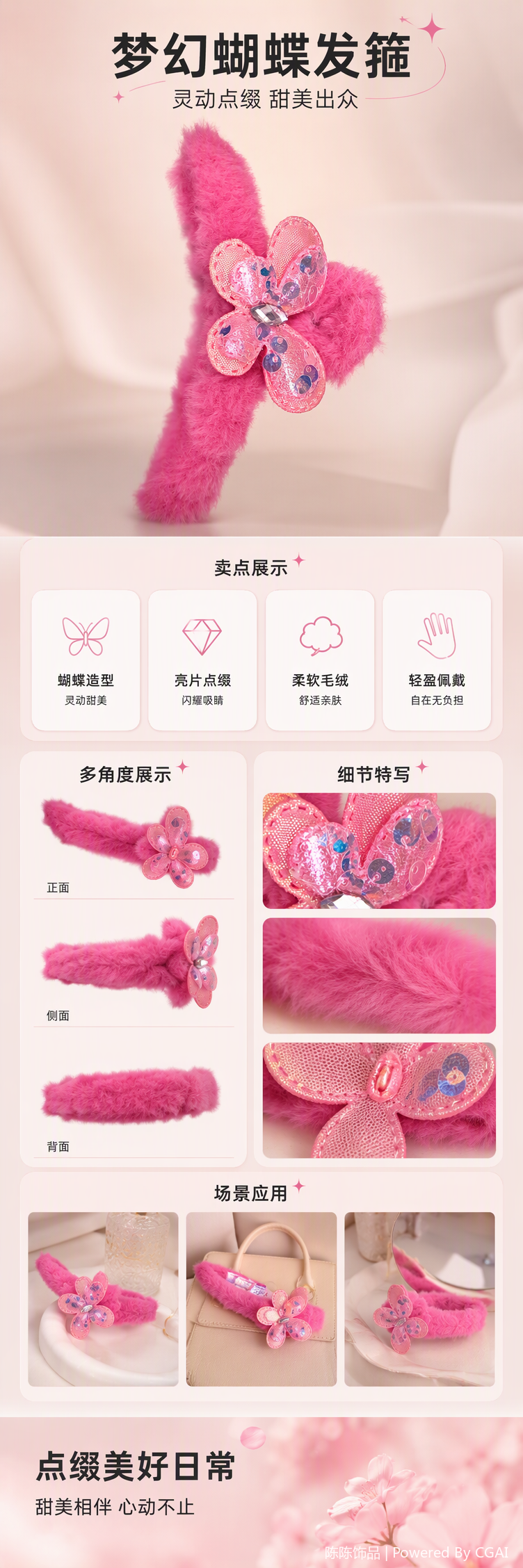 Pink plush hair accessory, butterfly decoration, cute hair clip, sweet hair accessory, student hair clip headwear, versatile matching pic 1