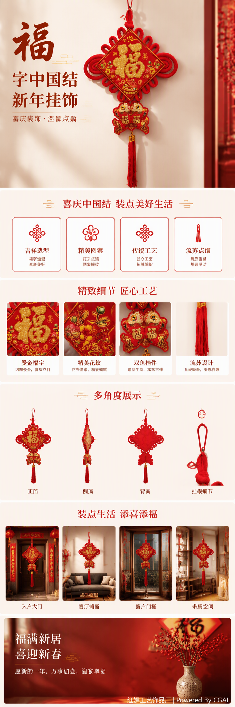 Red Chinese knot pendant, hand-woven, auspicious festival decoration, home pendant, gift fabric pendant pic 1